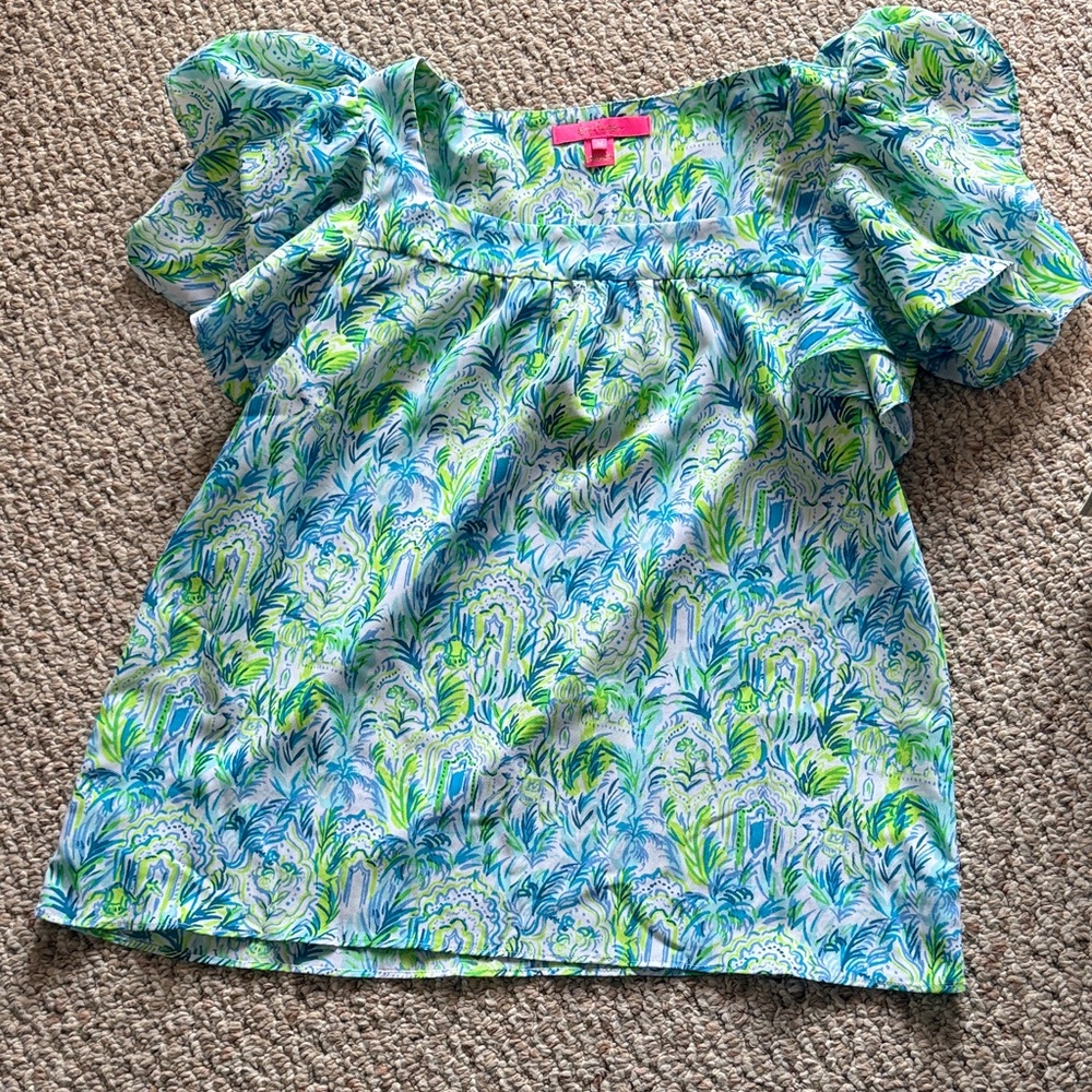 Lilly Pulitzer ladies Blue Green Puff Sleeve Top